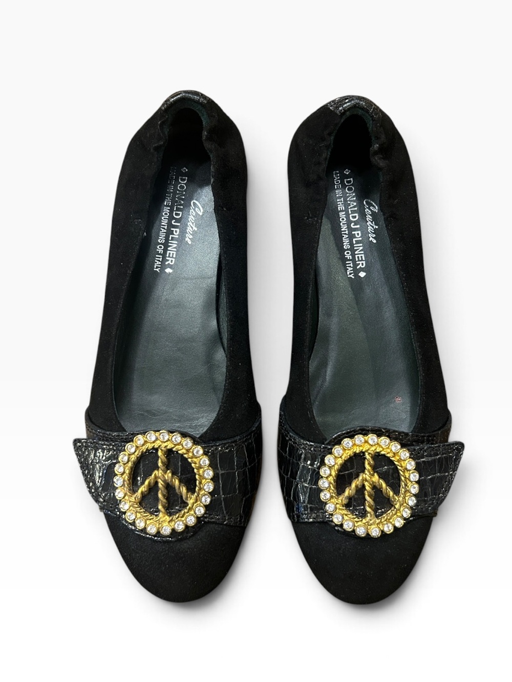 Donald J Pliner “Haley" Black Suede Ballet Flats Rhinestone Peace Sign Size 6